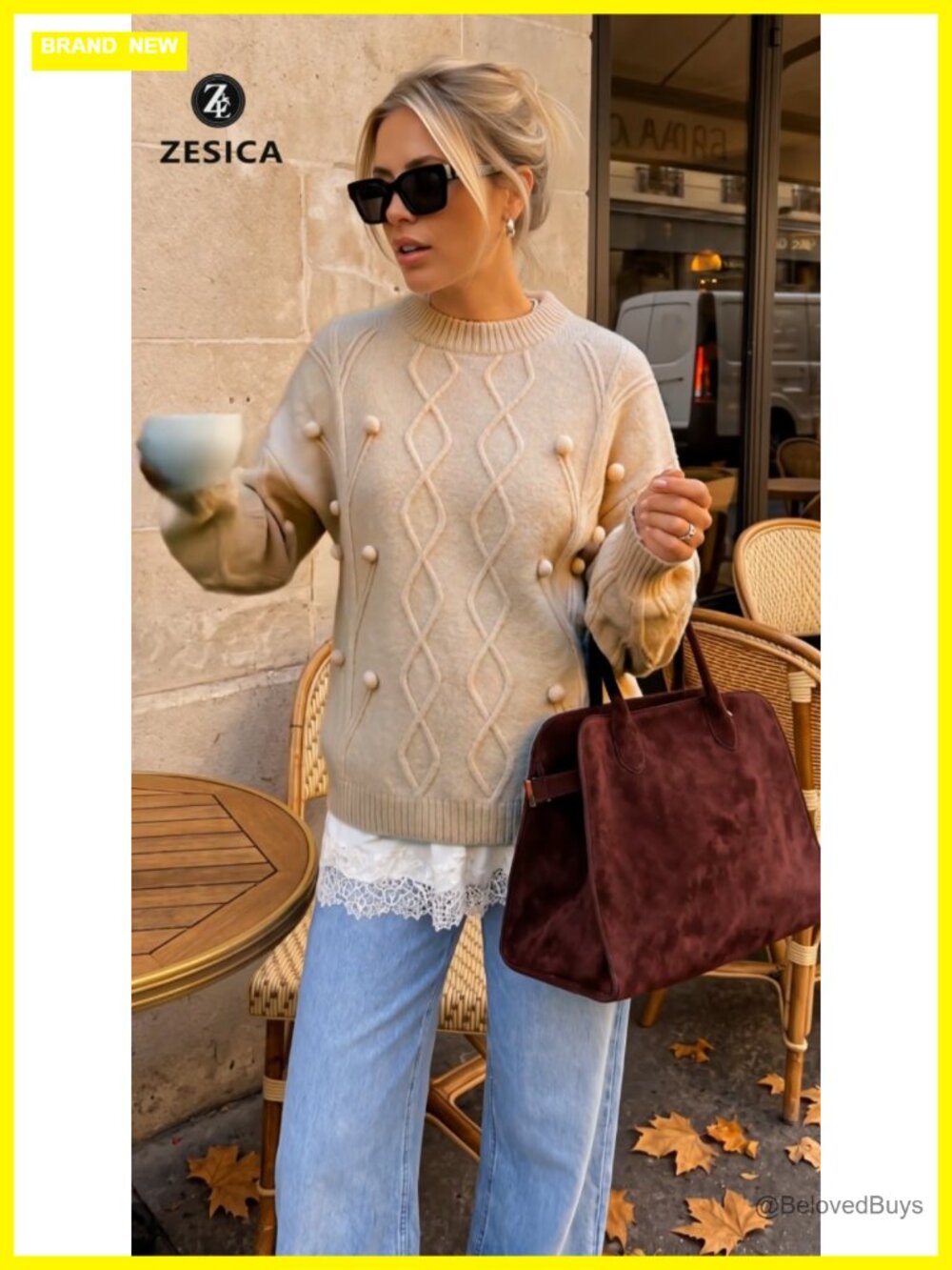 Cable Knit Oversized Pullover Sweater Loose Fit Drop Shoulder Crew Neck - Picture 6 of 6